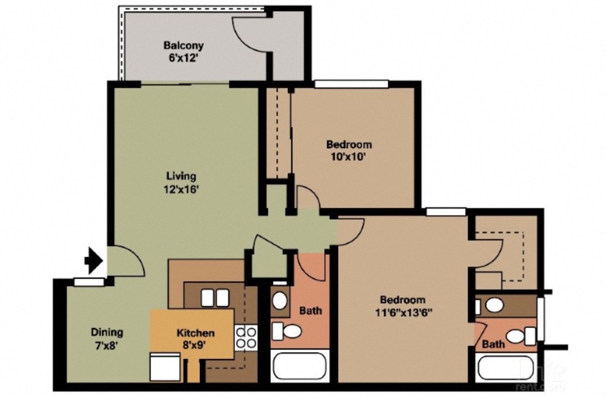 Floor plan for 2 beds, 2 baths, 825 sqft